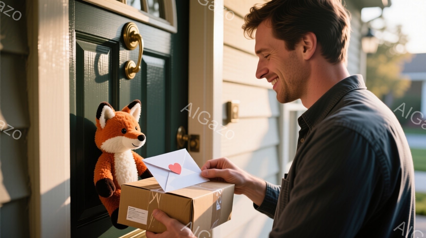 茶色の毛並みを持つぬいぐるみキツネが玄関のドアの前に立っており、配達員と思われる男性が茶色の段ボール箱と赤いハートの模様が入った手紙をキツネに差し出そうとしています。男性は笑顔で、黒髪で少し無精髭を生やしており、黒いジャケットを着ています。背景には木造の家と緑豊かな植物が見え、穏やかな晴天を思わせる明るい光が差し込んでおり、温かい雰囲気が漂っています。
