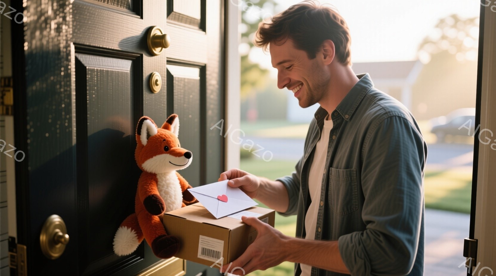 青年が玄関で段ボール箱を受け取っており、箱の上には赤いハートの付いた封筒が置かれている。彼は短い茶色の髪を持ち、笑顔で箱を見下ろしている。背景には緑豊かな芝生と住宅が見え、柔らかい日差しが暖かく穏やかな雰囲気を醸し出している。