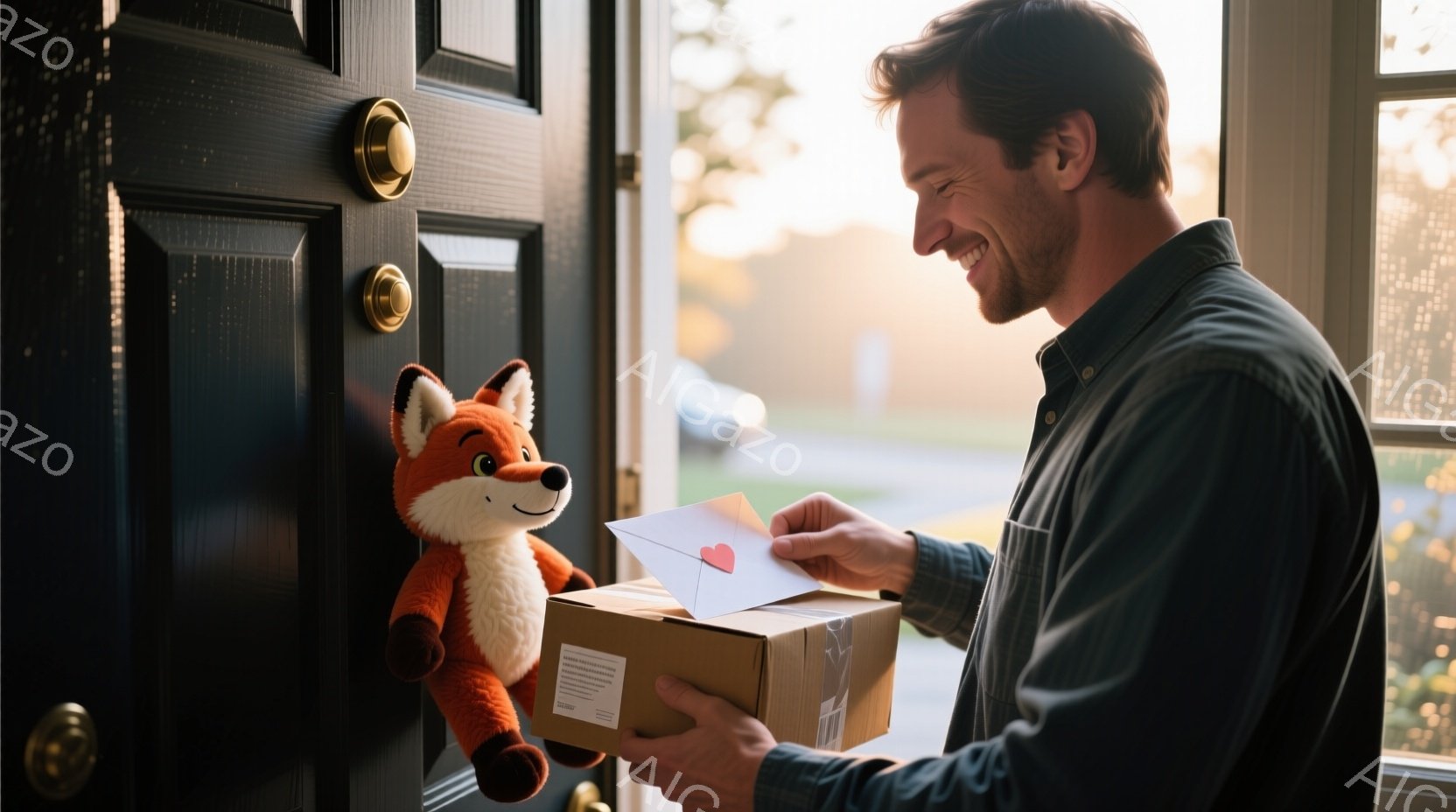 中年の男性が、玄関のドアの前で段ボールの箱を開けています。彼はチェック柄のシャツを着ており、笑顔を見せています。箱の中にはオレンジ色のキツネのぬいぐるみと、ハートの絵柄が入った手紙が入っています。