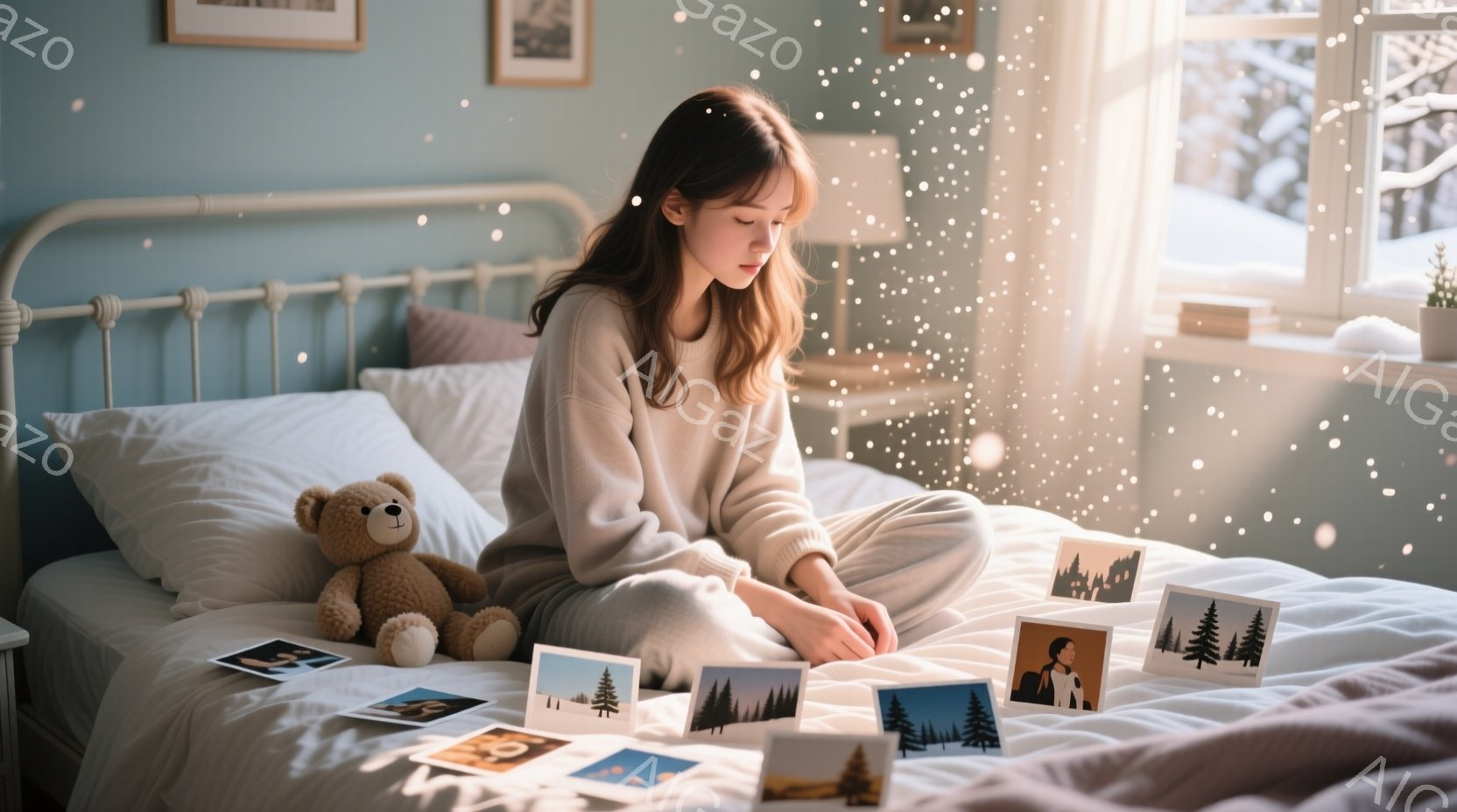 少女はベッドに座り、膝を抱えて何か考え込んでいるようだ。彼女はベージュ色のセーターを着ており、長い茶色の髪は自然に肩にかかっている。窓の外は雪景色で、ベッドの周りには写真が散らばっており、全体的にノス - AI生成フリー素材