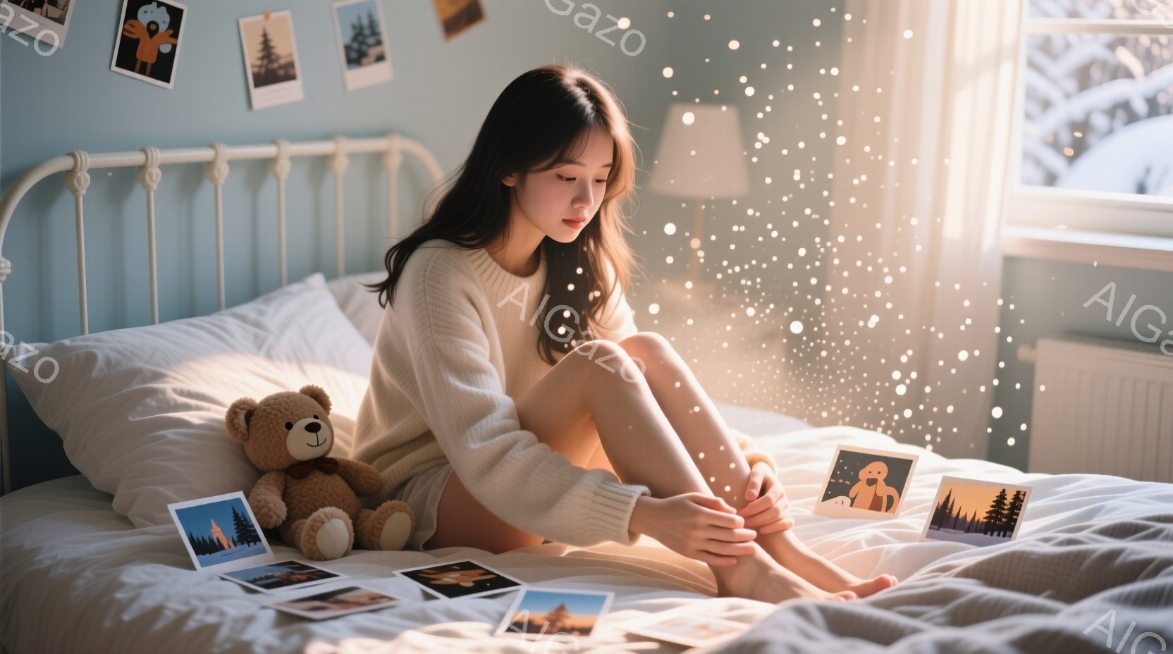 明るい色の部屋のベッドに座る若い女性が描かれています。彼女はクリーム色のセーターを着ており、長い黒髪は肩にかかっています。彼女は足を組み、何か考え事をしているような、少し物憂げな表情をしています。 - AI生成フリー素材