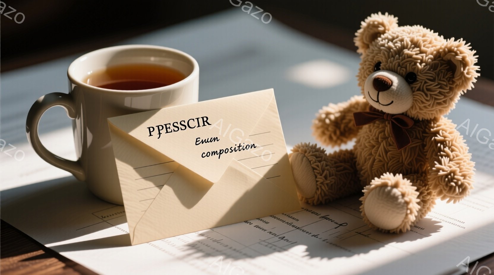 暖かい色の飲み物が入ったマグカップと、開いたノートの上に座るふわふわのテディベアが写っています。ノートには手書きの文字が書かれており、木製のテーブルの上には影が落ちています。全体的に、落ち着いた、居心地の良い雰囲気で、読書や休息の時間を連想させます。