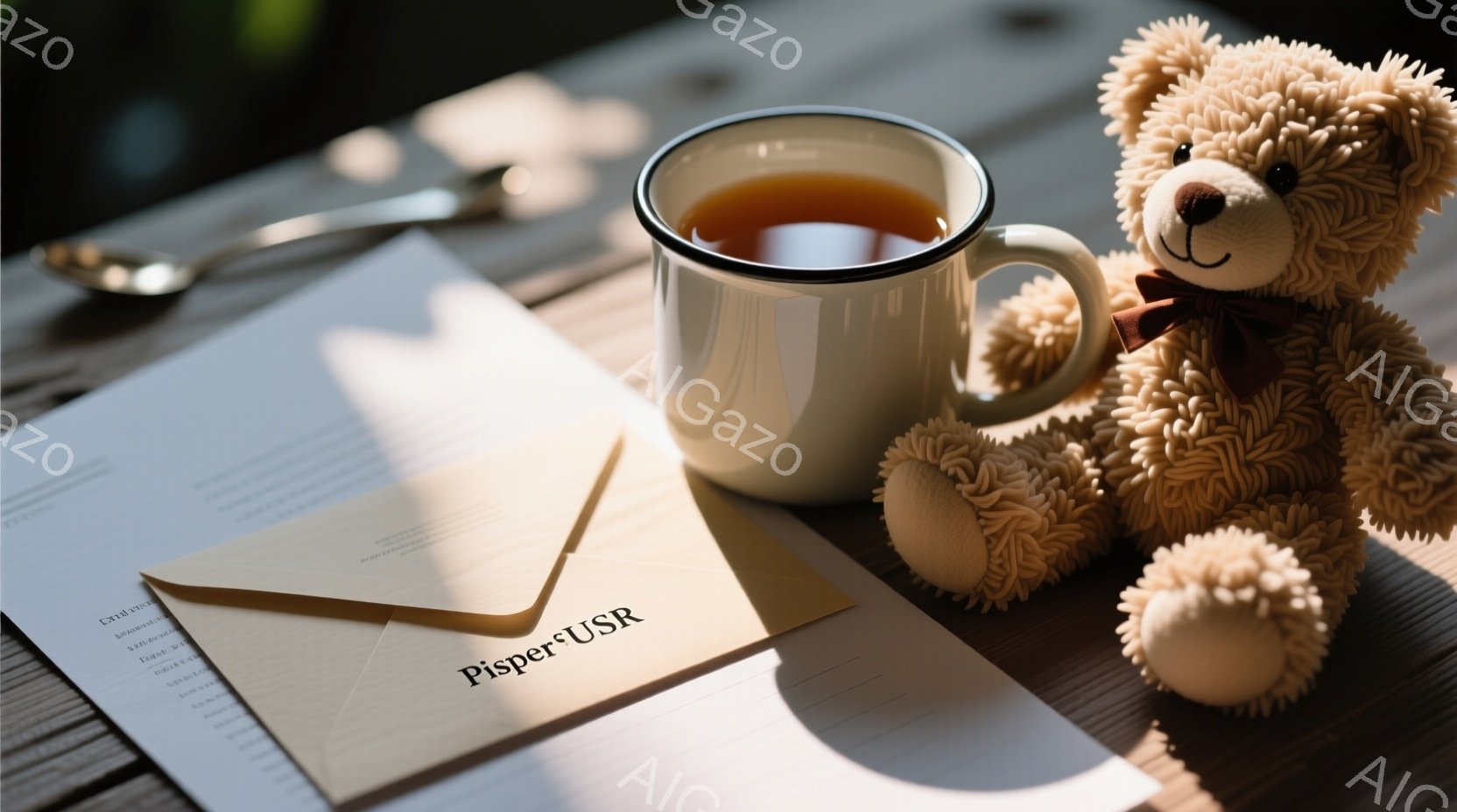 粗い木製のテーブルの上に、開いた封筒、湯気の立つマグカップ、そしてテディベアが置かれています。封筒にはかすかに文字が書かれており、ベアは左側に寄りかかって穏やかな印象を与えています。全体的に暖かく、静かで落ち着いた雰囲気が漂っています。