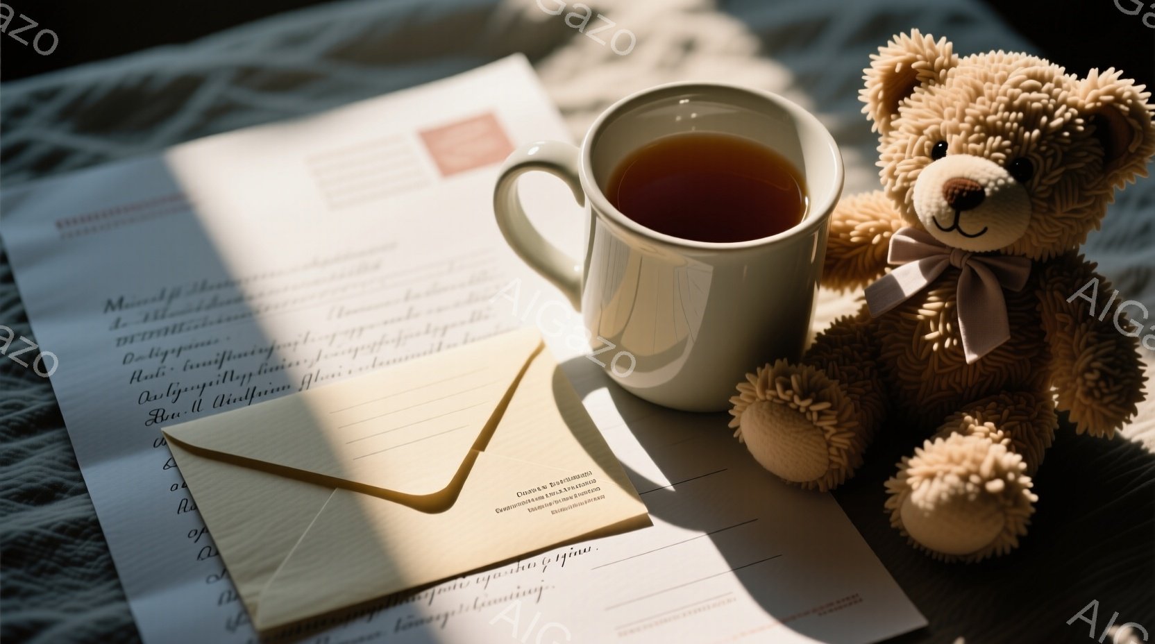 柔らかい毛並みのテディベアが、開いた手紙の束と熱いお茶が入った白いマグカップの横に置かれている。手紙には手書きの文字がびっしりと書かれており、背景はぼやけた暖色系の布で覆われている。全体的に、温かく穏やかな、そして少しノスタルジックな雰囲気が漂っている。