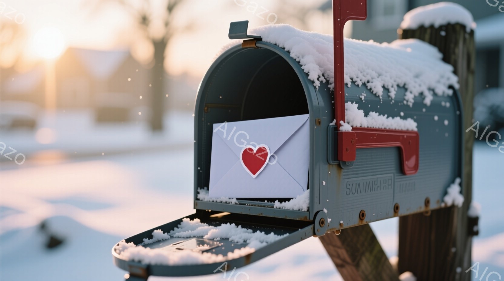 郵便受けが開いており、中に赤いハートの絵が描かれた白い封筒が入っています。郵便受けと支柱には雪が積もり、背景は白く雪景色で、遠くには建物が見えます。全体的に冬の静かでロマンチックな雰囲気が漂っています。