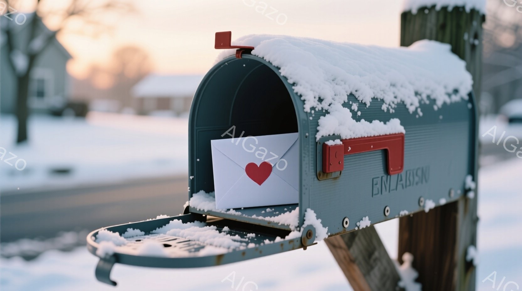 灰色の郵便受けが雪に覆われ、開いた扉からは赤いハートが描かれた白い封筒が少し覗いています。背景には雪景色が広がり、遠くには住宅が見え、全体的に静かで穏やかな冬の雰囲気が漂っています。郵便受けの周りには - AI生成フリー素材