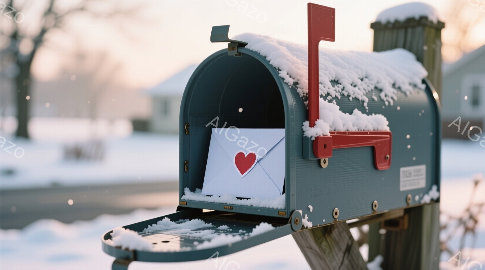 凍てつく冬の風景の中に、青色の郵便ポストが開けられており、中には白い封筒と赤いハートのイラストが入っている。郵便ポストの上には雪が積もり、背景にはぼやけた住宅と雪景色が広がっている。全体的に、静かでロマンチックな雰囲気が漂っている。