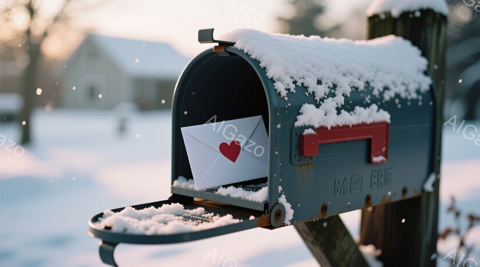 郵便受けが開いており、中にハートマークの付いた手紙が入っています。周囲は雪景色で、郵便受けの縁や屋根には雪が積もっており、冬の静かで穏やかな雰囲気が漂っています。背景にはぼんやりと家屋が見え、雪が舞っている様子から寒さが伝わってきます。