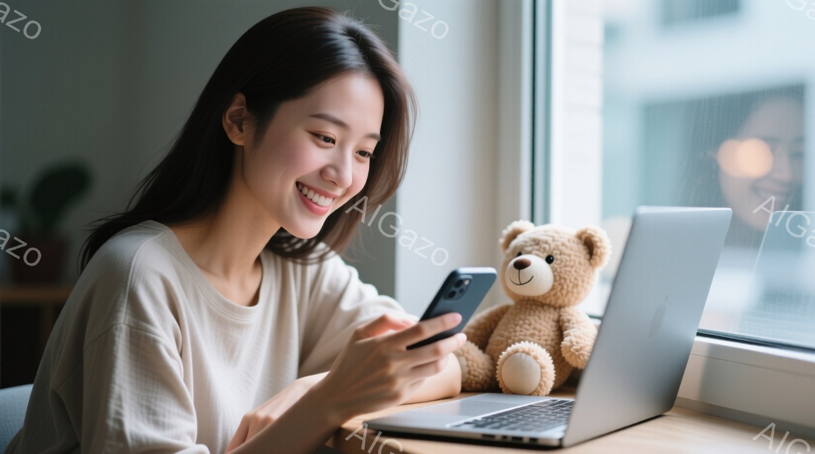若い女性が窓辺の机でスマートフォンを操作している様子が写っている。彼女はベージュ色のトップスを着ており、長くストレートな髪をしている。微笑みを浮かべ、リラックスした雰囲気で、隣にはテディベアとノートパソコンが置かれている。