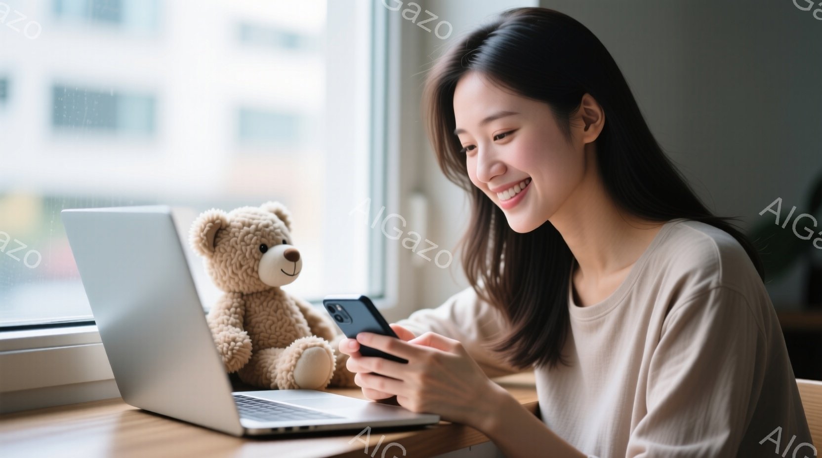 明るい室内で、女性がノートパソコンとスマートフォンを見ながら微笑んでいます。ベージュ色のシンプルなニットを着ており、長い黒髪は肩にかかっています。背景にはテディベアが置かれ、窓の外にはぼやけた建物が見 - AI生成フリー素材