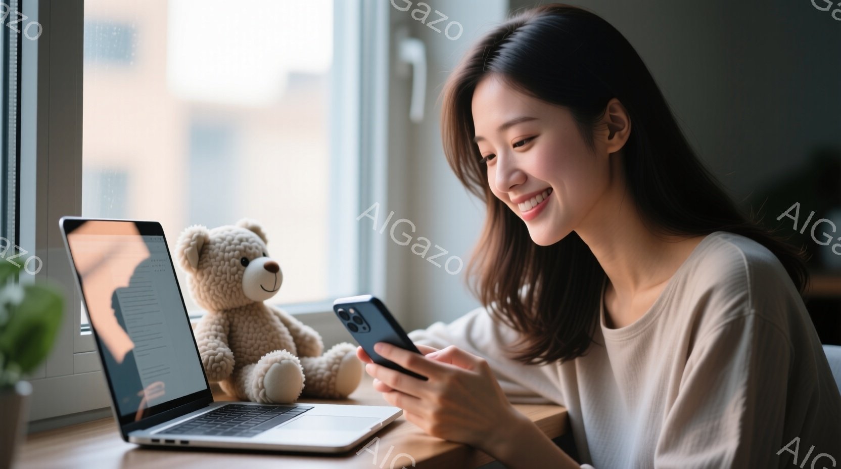 明るい光が差し込む窓辺で、女性がスマートフォンを手に微笑んでいます。ベージュ色のセーターを着ており、長い髪は肩にかかっています。彼女の隣には、可愛らしいテディベアが置かれ、背後にはパソコンが置かれてい - AI生成フリー素材