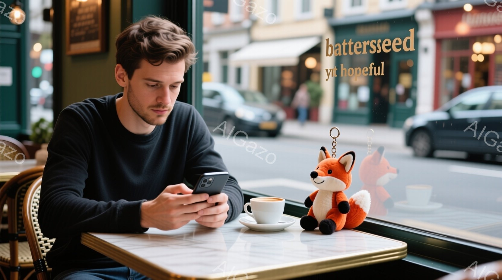 黒いセーターを着た若い男性がカフェの窓際の席でスマートフォンを操作している。彼は少し眉をひそめ、集中した表情で画面を見つめている。背景には街並みが見え、カフェのテーブルの上にはコーヒーと可愛らしいキツ - AI生成フリー素材