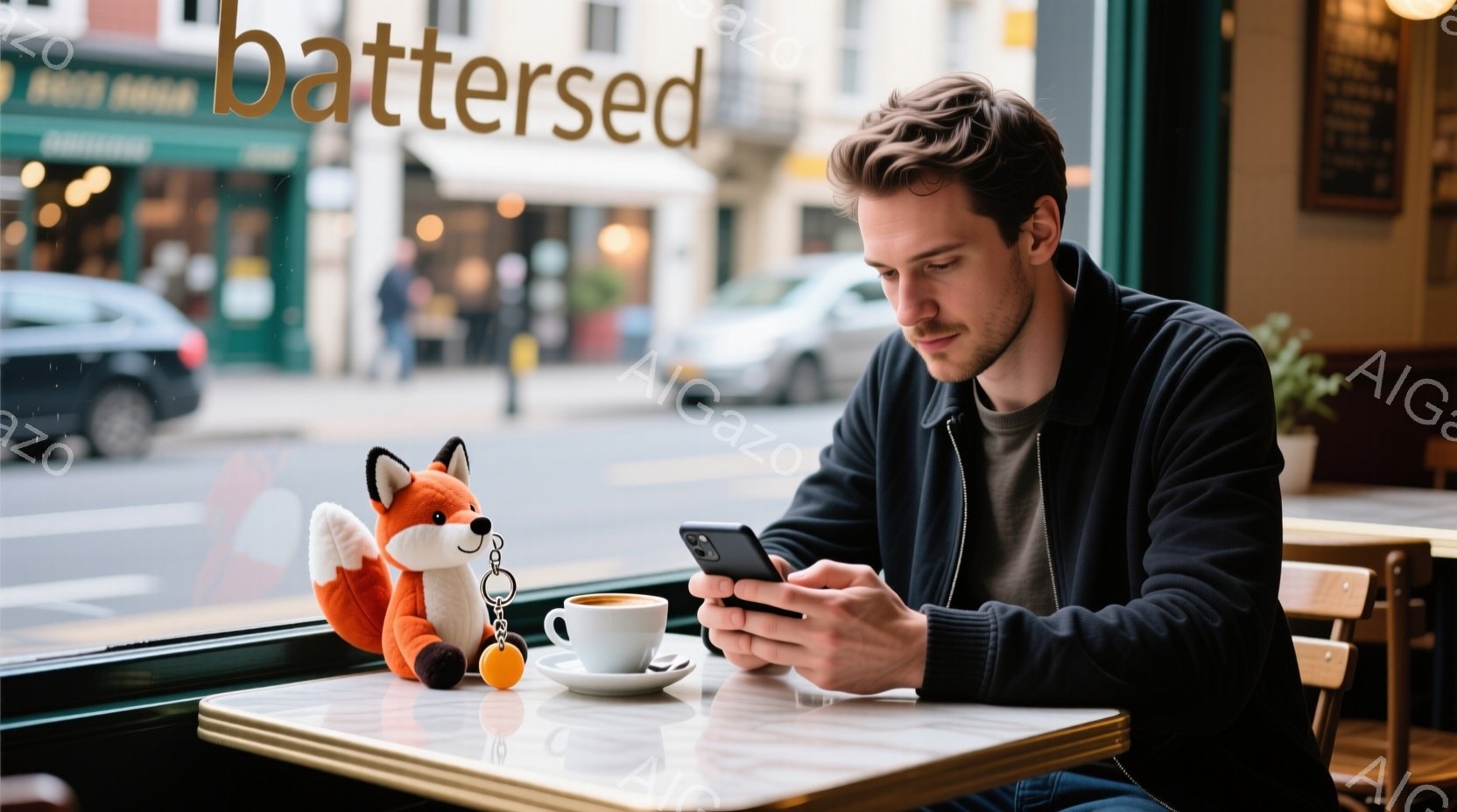 一人の男性がカフェの窓際の席でスマートフォンを操作している。彼は濃い青色のジャケットを着ており、短く整えられた茶髪が特徴的で、やや真剣な表情をしている。背景には街並みが見え、曇り空の下、カフェの窓には「battersea」という文字が映っている。