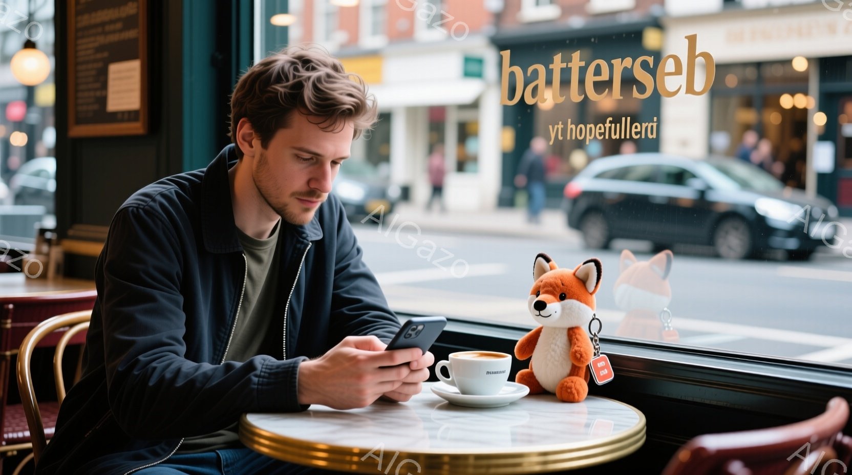 若い男性がカフェの窓際の席でスマートフォンを操作している。彼は濃いブルーのジャケットとジーンズを着ており、少し無精髭を生やした顔で、やや疲れた表情をしている。背景には賑やかな通りが広がり、様々な車が走っている。