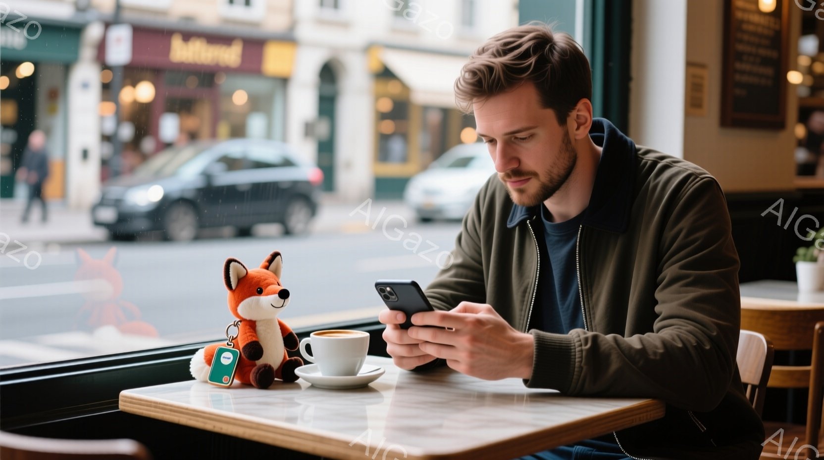 窓際のテーブルに座った男性がスマートフォンを操作している。彼は濃い緑色のジャケットと青いインナーを着ており、顎ひげを生やし、少し憂いのある表情をしている。背景には雨の日の街並みが見え、カフェの暖かな光が雨の日の雰囲気を和らげている。