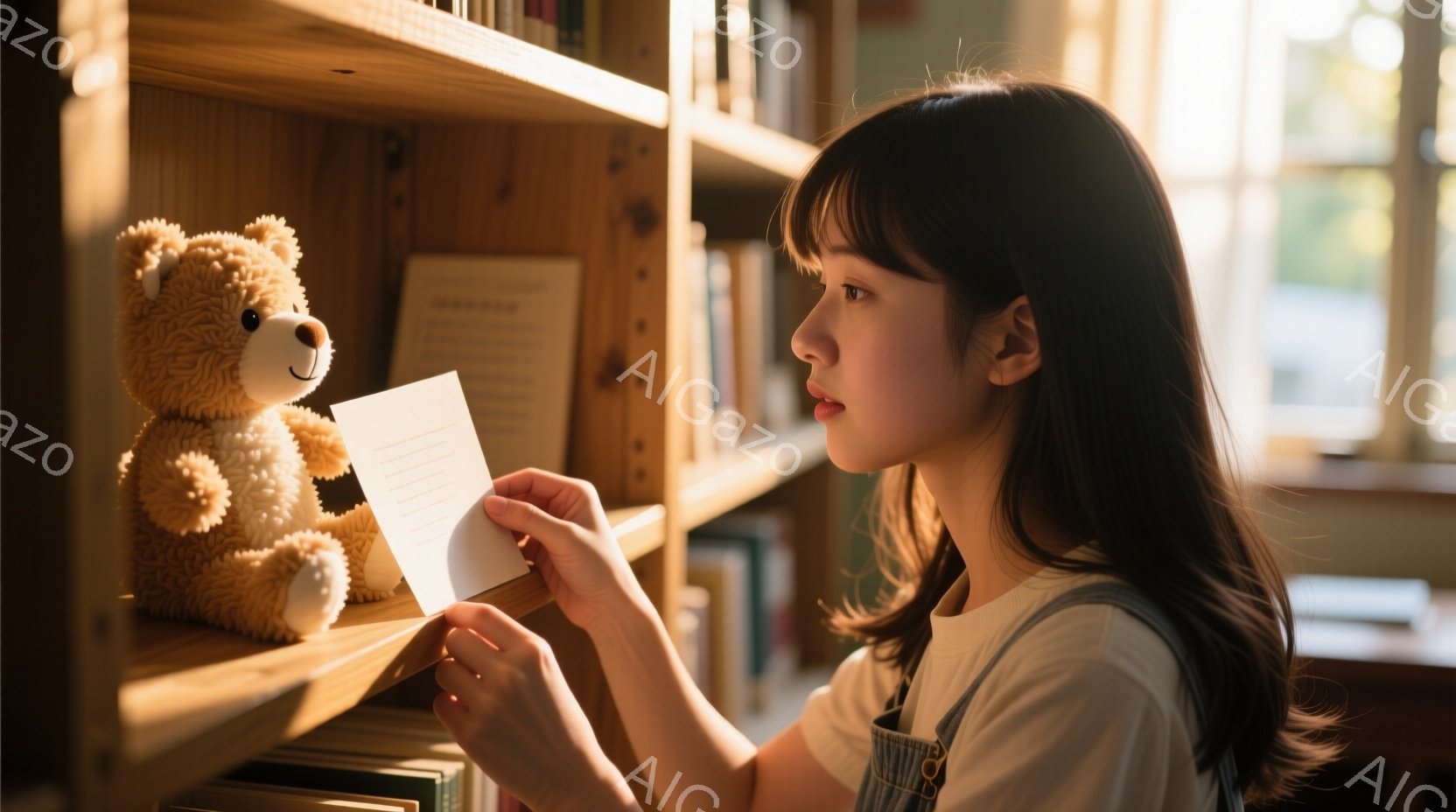 若い女性が本棚の前で白い紙を手に持っている。彼女は明るい茶色の髪で、前髪が目にかかるように切られている。穏やかな表情で、本棚に置かれたテディベアを見ているように見える。