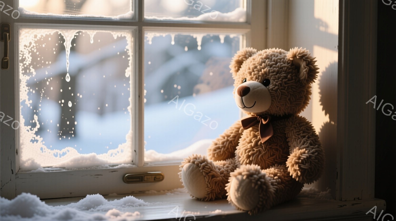 白い窓枠に座る、茶色のテディベアが写っている。ベアは正面を向き、リボンをつけた首と、ふっくらとした手足が特徴的で、穏やかな表情を浮かべている。背景には雪景色が広がり、窓ガラスには霜が降りており、静かで心温まる冬の雰囲気が漂っている。