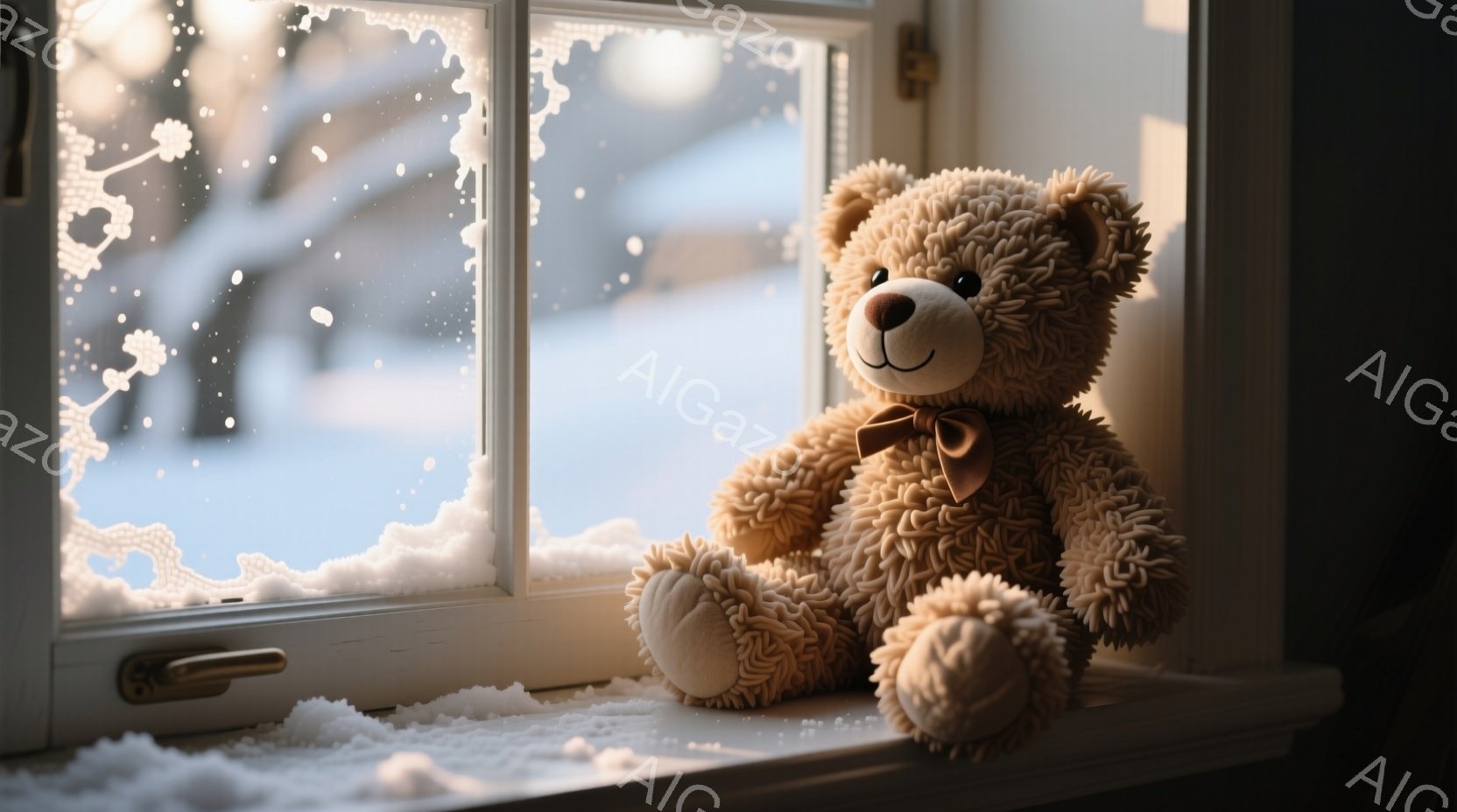 ふわふわの茶色のテディベアが、窓辺に座って外を眺めている。ベアは小さな茶色のリボンをつけており、優しい表情をしている。窓の外は雪景色で、穏やかで温かい雰囲気が漂っている。 - AI生成フリー素材