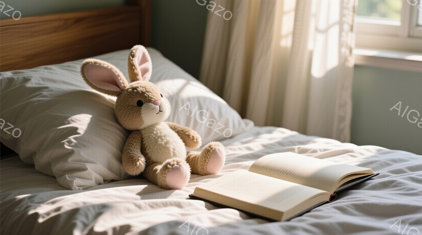 白いベッドの上に座っているふわふわの茶色のウサギのぬいぐるみと開いた本が写っています。ウサギのぬいぐるみはピンクの足と耳を持っており、穏やかな表情をしています。背景には窓があり、柔らかい光が差し込んでいて、全体的に穏やかでリラックスした雰囲気が漂っています。