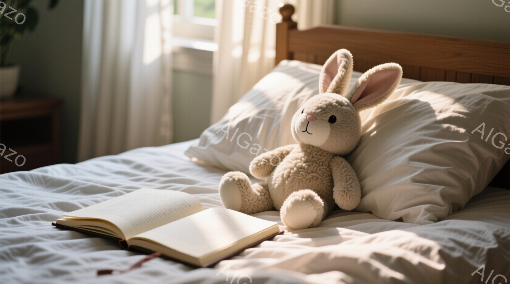白いベッドの上に、ふわふわのクリーム色のウサギのぬいぐるみと開いた本が置かれている。光が差し込む窓から柔らかな日差しが差し込み、ベッドシーツに暖かい影を作っている。穏やかで静かな雰囲気で、読書や休息に - AI生成フリー素材