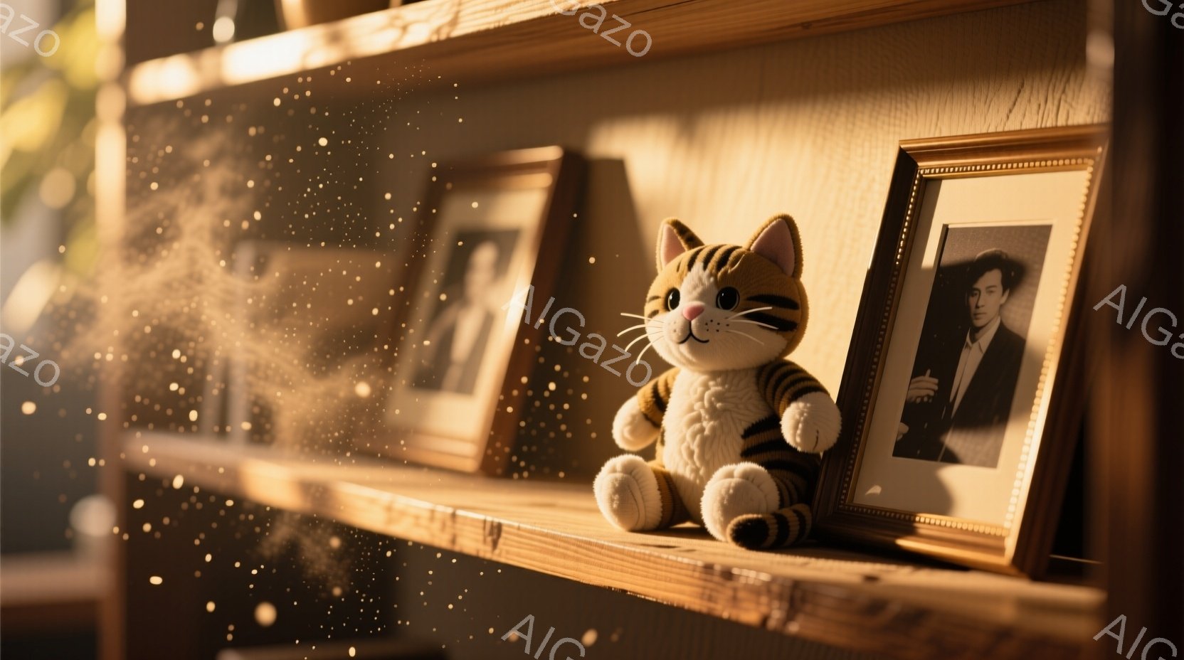 木製の棚の上に、2枚の写真と、縞模様の猫のぬいぐるみがあります。写真の人物は男性で、それぞれ黒いスーツを着用し、少し微笑んでいます。背景はぼやけていますが、窓からの自然光が差し込み、暖かい雰囲気を醸し出しています。