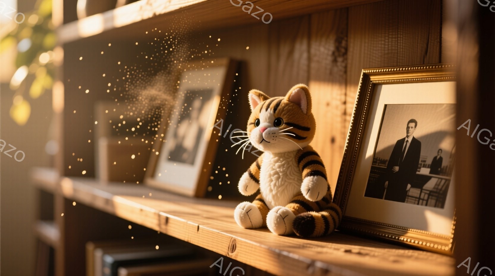 暖色系の木製の棚の上に、茶色と白の縞模様のぬいぐるみ猫が座っています。背景には、白黒写真の肖像画が飾られており、穏やかで懐かしい雰囲気を醸し出しています。全体的に、温かく、家庭的な空間を連想させる、静かで平和な情景です。
