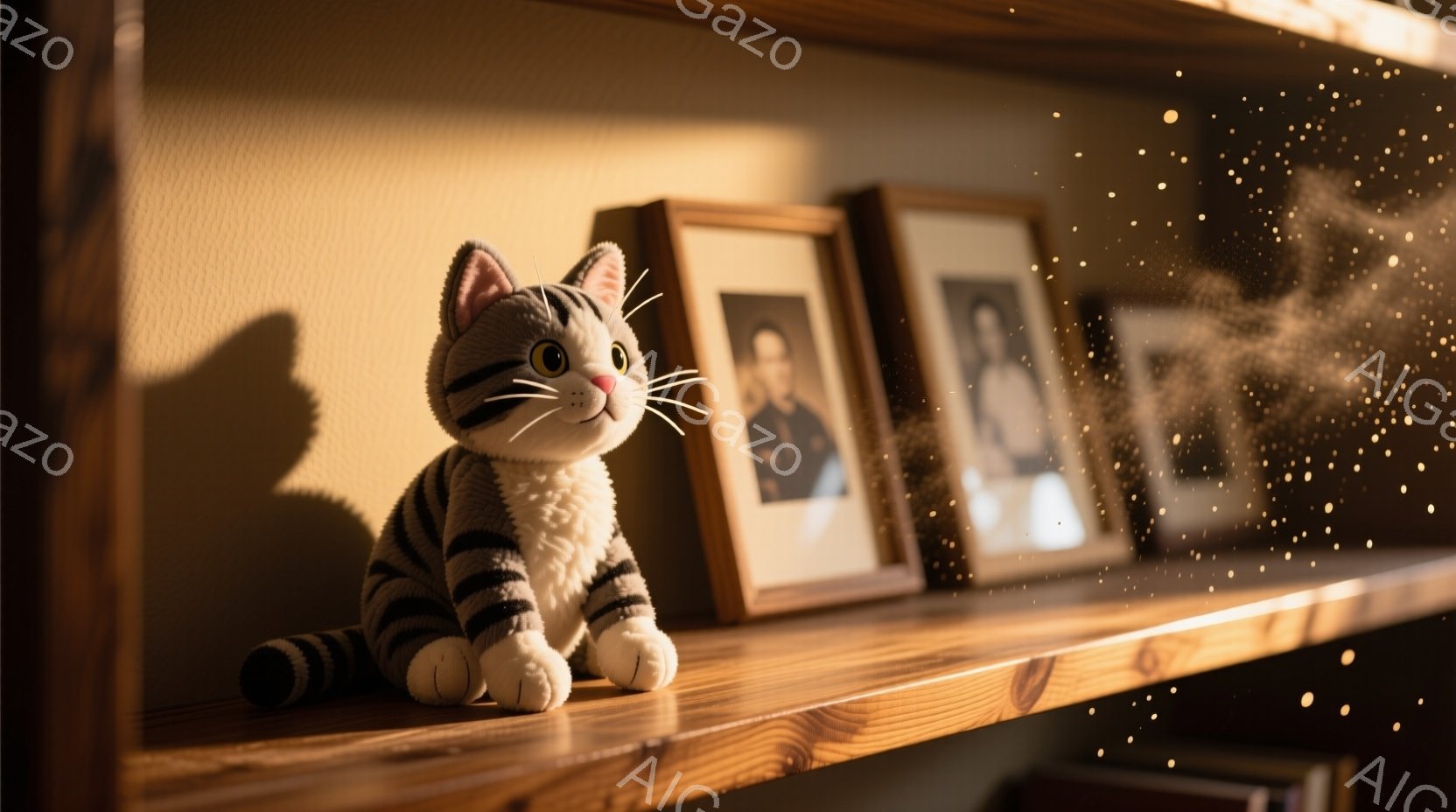 茶色と白の縞模様の猫のぬいぐるみは、木製の棚に座って正面を見つめています。背後には、クラシックなフレームに入った白黒写真が2枚飾られており、棚自体は温かみのある木目調で、落ち着いた雰囲気を醸し出しています。全体的に、ノスタルジックで心地よい、思い出を大切にするような印象を与えます。