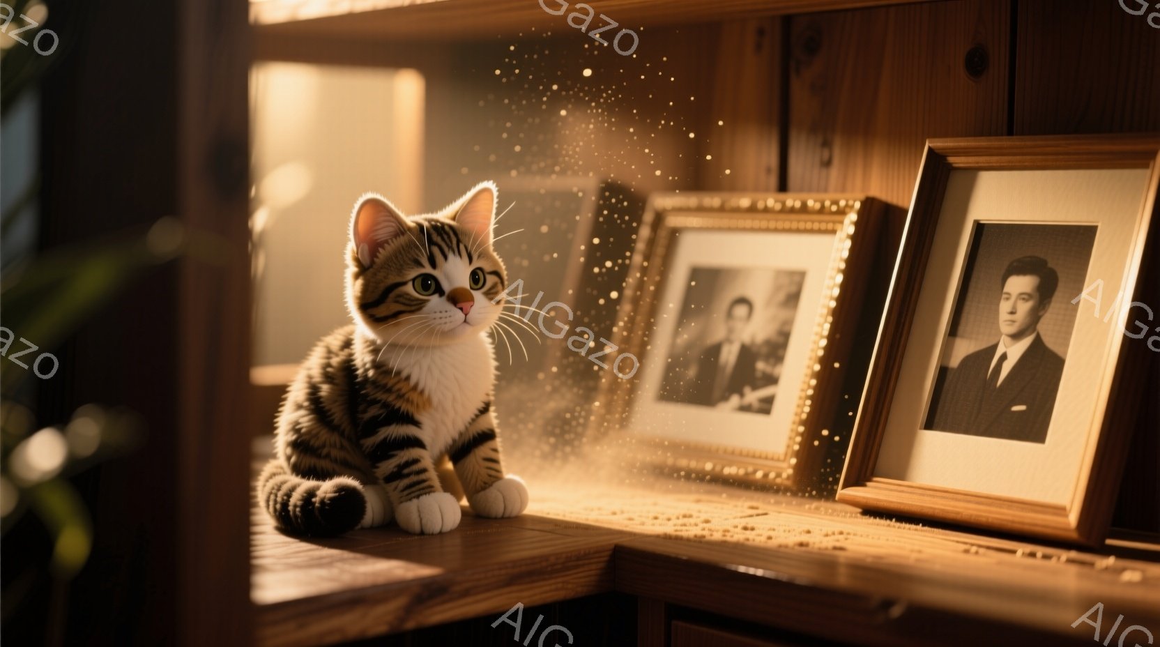 茶色と黒の縞模様の小さな子猫が、木製の棚の上に座ってこちらを見ている。背景には、額縁に入った白黒写真の男性が2枚あり、光の粒子が舞っている様子が捉えられている。全体的に暖かく、ノスタルジックな雰囲気で、子猫の愛らしさが際立っている。