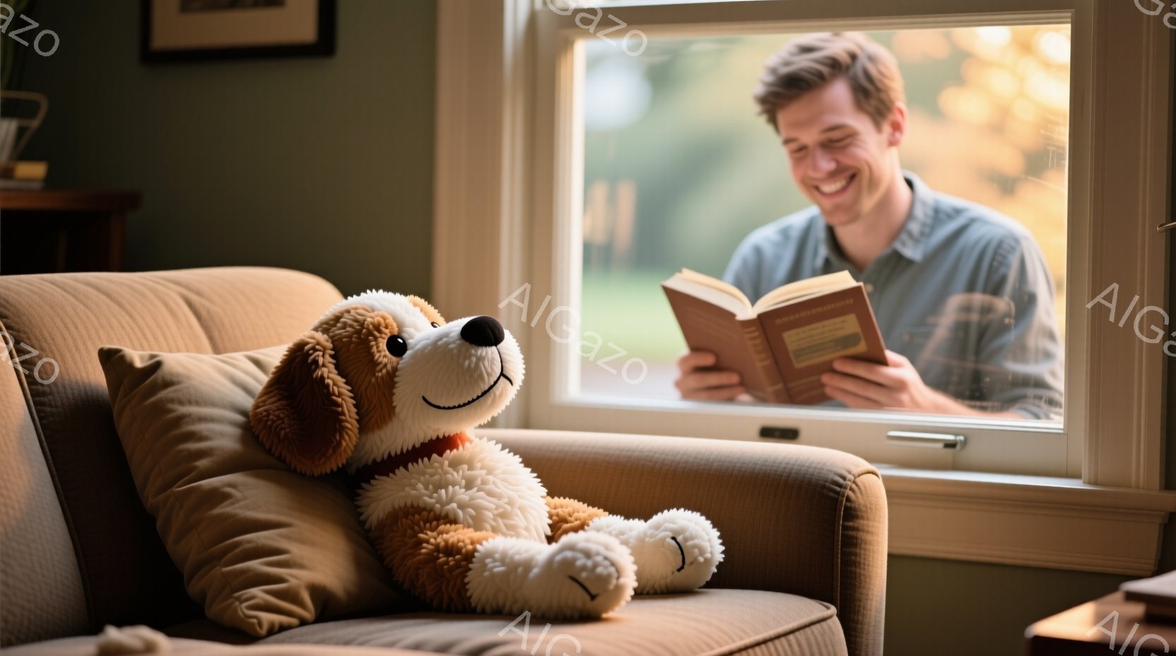 ソファのクッションの上に茶色のふわふわした犬のぬいぐるみがあり、赤い首輪をつけてリラックスした様子で横たわっています。窓の外には、本を読んで微笑む若い男性がおり、背景には緑豊かな自然が見えます。室内は - AI生成フリー素材
