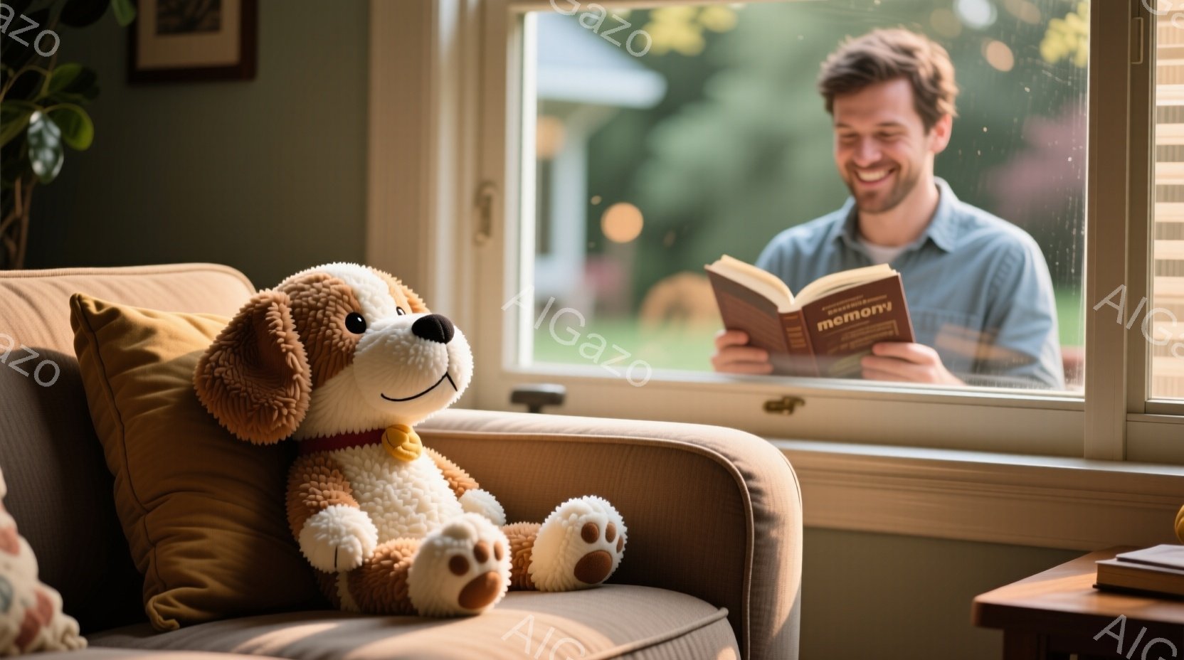居心地の良いベージュ色のソファに、大きな犬のぬいぐるみがお座りになっています。ぬいぐるみは茶色と白の毛並みで、首輪をつけています。背景には窓から差し込む光があり、庭と、本を読んで微笑んでいる男性の姿が - AI生成フリー素材