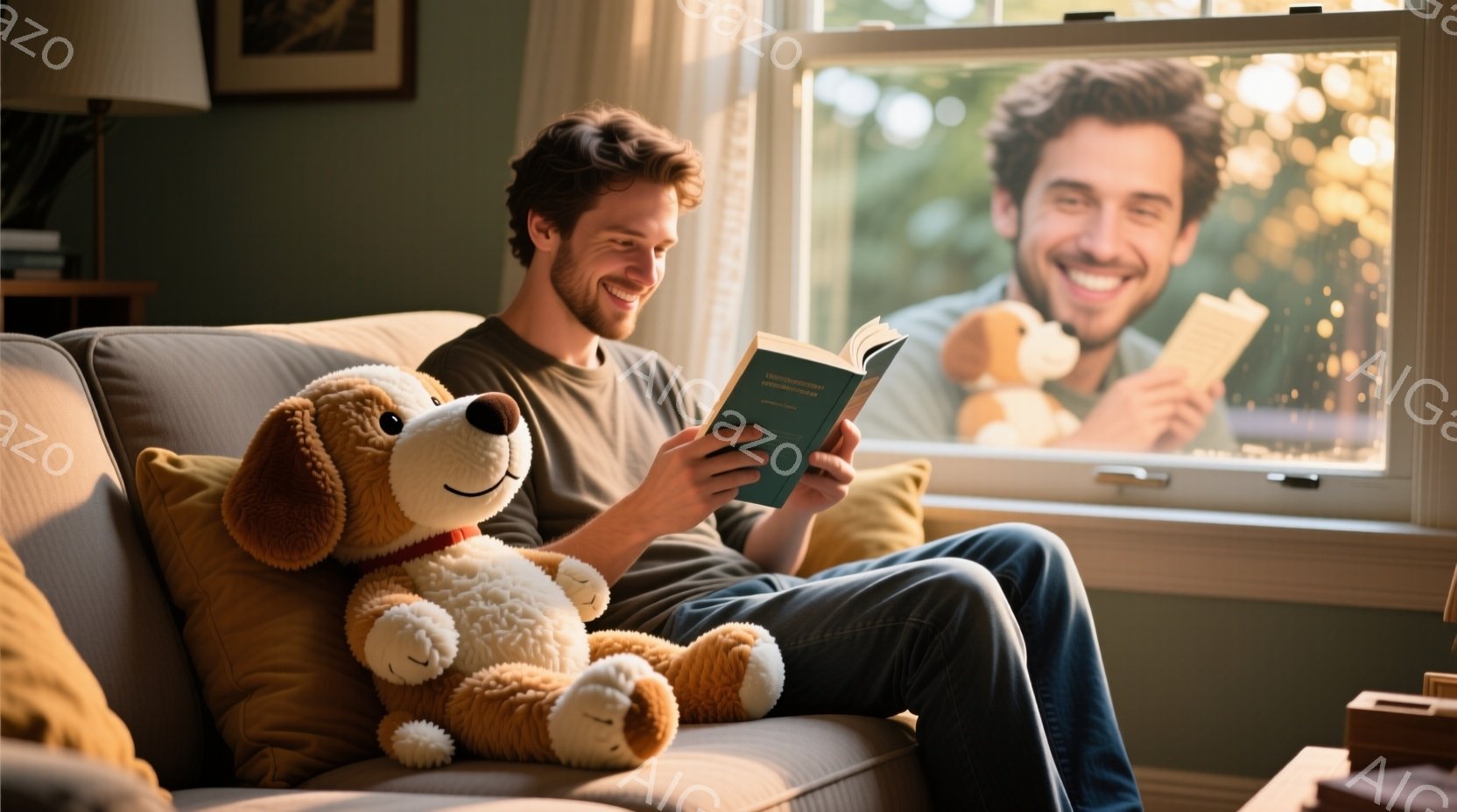 ソファに座った男性は、笑顔で本を読んでいます。彼は濃い髪で、ひげを生やしており、カジュアルな服装をしています。背景には窓があり、外には緑豊かな木々が見え、明るい日差しが差し込んでおり、温かくリラックス - AI生成フリー素材