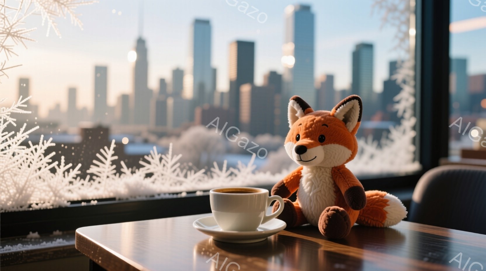 ぬいぐるみのおもちゃが、コーヒーカップの隣のテーブルに座っています。背景には、冬の装飾が施された窓から見える都市のスカイラインが広がっており、寒い季節の穏やかな雰囲気を醸し出しています。テーブルは木製 - AI生成フリー素材