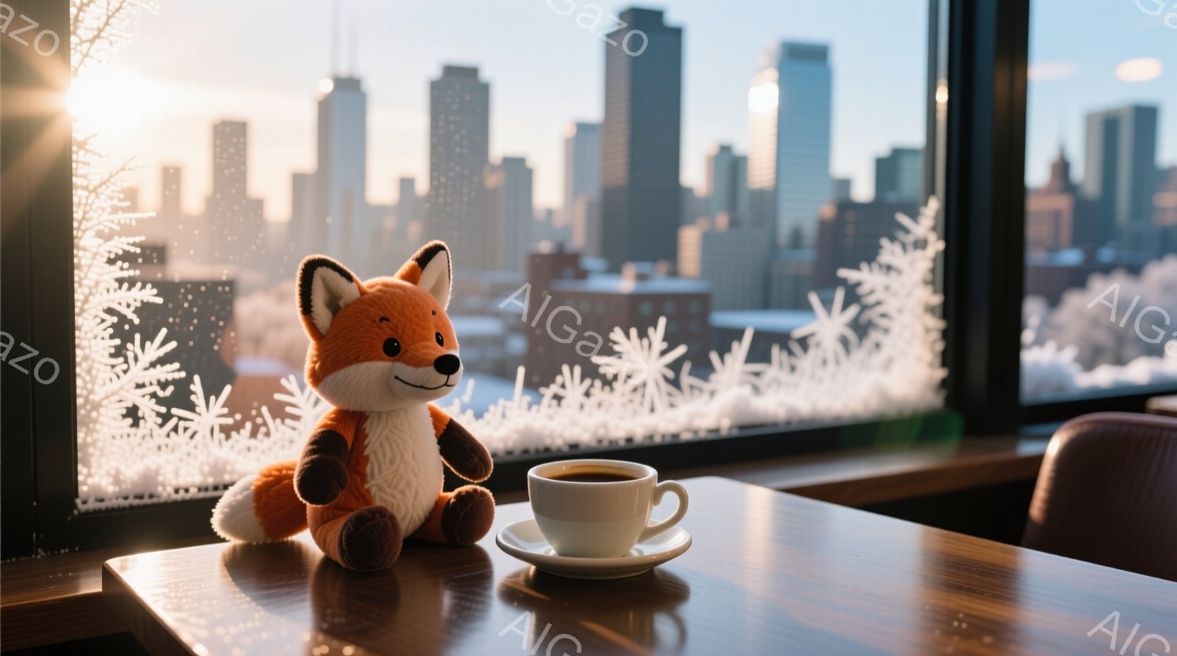 ぬいぐるみのような茶色の狐が、窓際のテーブルに座っています。背景には、雪の結晶が描かれた窓と、夕焼けに照らされた都市のスカイラインが見え、冬の穏やかな雰囲気を醸し出しています。テーブルの上には、湯気を - AI生成フリー素材