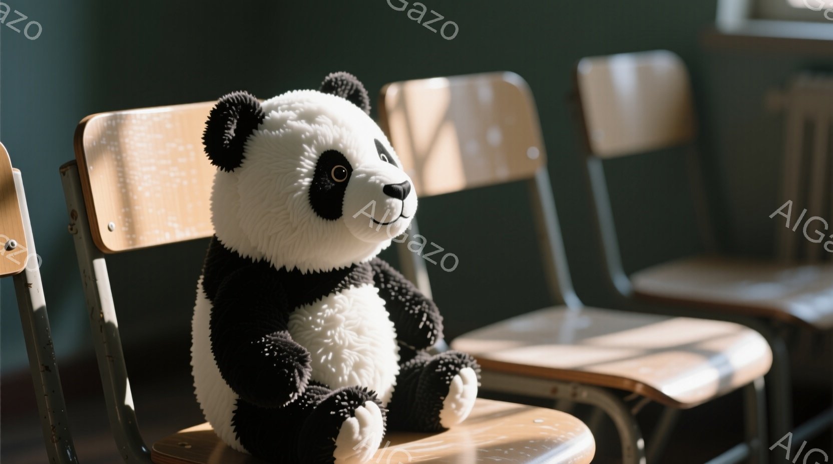 ふわふわのパンダのぬいぐるみは、教室の椅子に座って少し寂しげな表情をしています。背景には他の椅子が並んでおり、教室の静けさと、パンダの孤独感が強調されています。全体的に、少し物悲しい、優しい雰囲気の画 - AI生成フリー素材