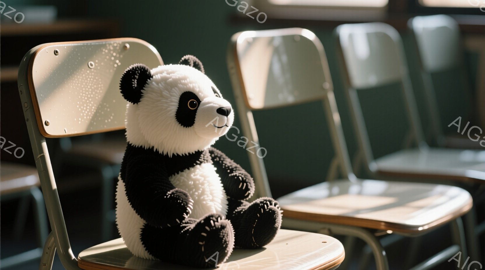 黒と白のパンダのぬいぐるみがお教室の椅子に座っています。ぬいぐるみは正面を向き、つぶらな瞳と少し微笑んでいるような口元が印象的です。背景には他の椅子が並び、教室の静けさとどこか懐かしい雰囲気が漂っています。