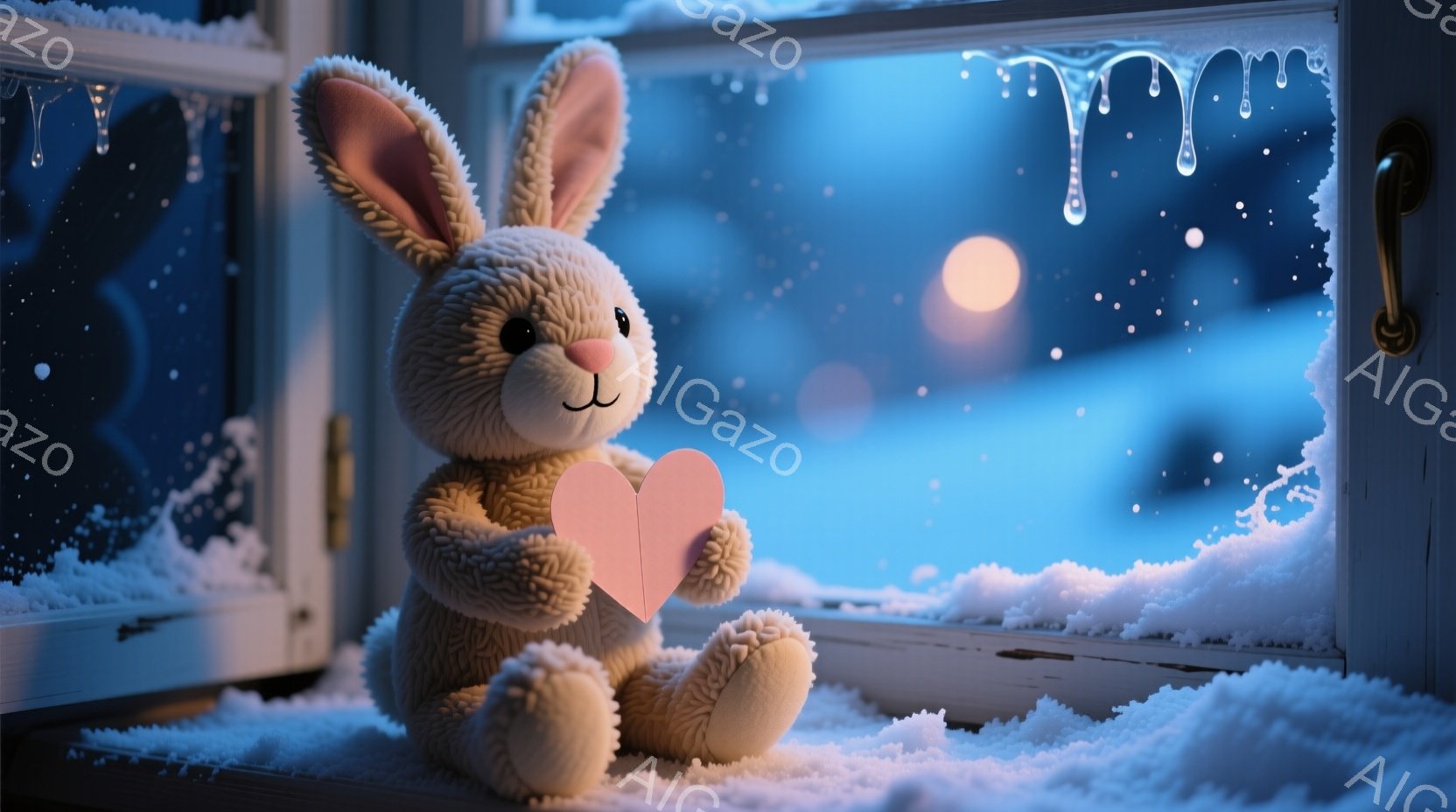 ふわふわの茶色のウサギのぬいぐるみは、窓枠に座ってピンク色のハート型のメッセージカードを抱えています。背景は雪が降る夜で、ぼやけた光が遠くに見え、窓ガラスには雪や氷の粒がついています。全体的に、温かく - AI生成フリー素材