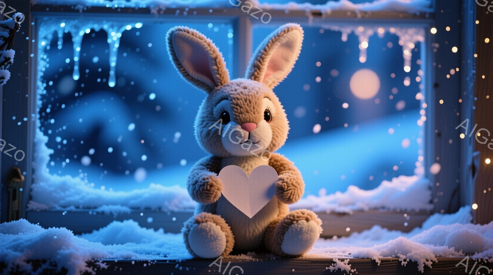 ふわふわの茶色のウサギのぬいぐるみは、雪が積もった窓辺に座り、白いハート型のプレートを抱えています。背景には、ぼやけた冬の夜景が広がり、雪が降り積もる様子がわかります。全体的に暖かく、ほのぼのとした雰囲気で、冬の愛らしさを表現しています。