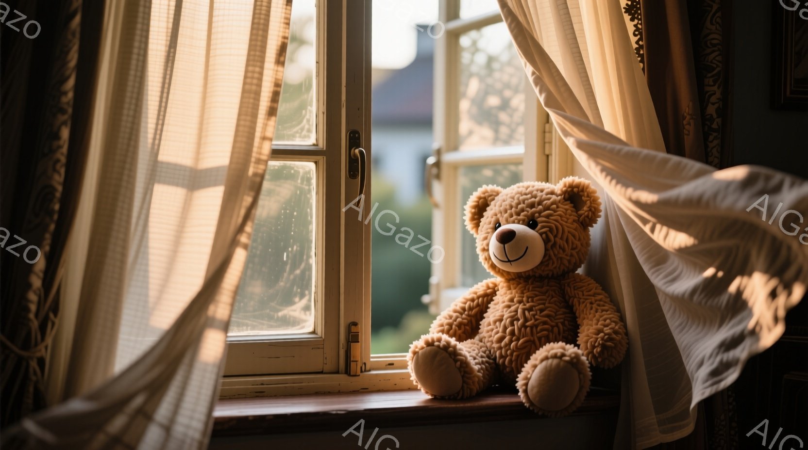 窓辺に座る茶色のテディベアが写っている。光が差し込む窓から、柔らかい日差しがテディベアを照らし、暖かく穏やかな雰囲気を醸し出している。背景には、ぼやけた街並みが見え、静かで平和な時間が感じられる。 - AI生成フリー素材