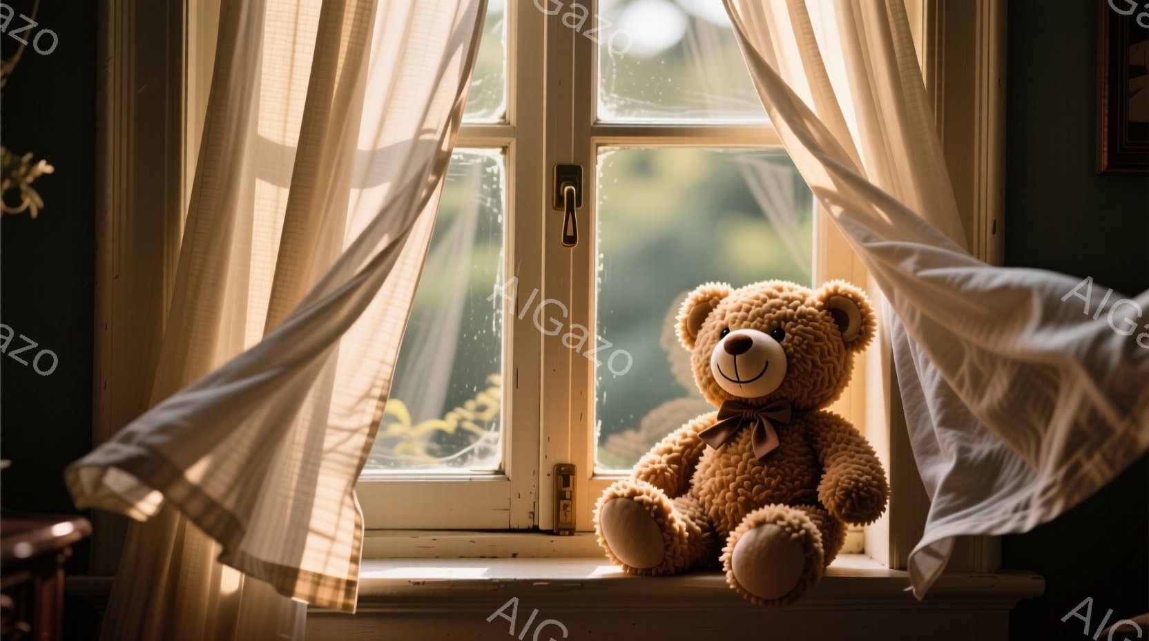 窓辺に座るテディベアが写っている。柔らかい光が差し込み、ベアの茶色の毛並みを照らし出している。背景には緑豊かな自然が見え、穏やかで心地よい雰囲気が漂っている。 - AI生成フリー素材