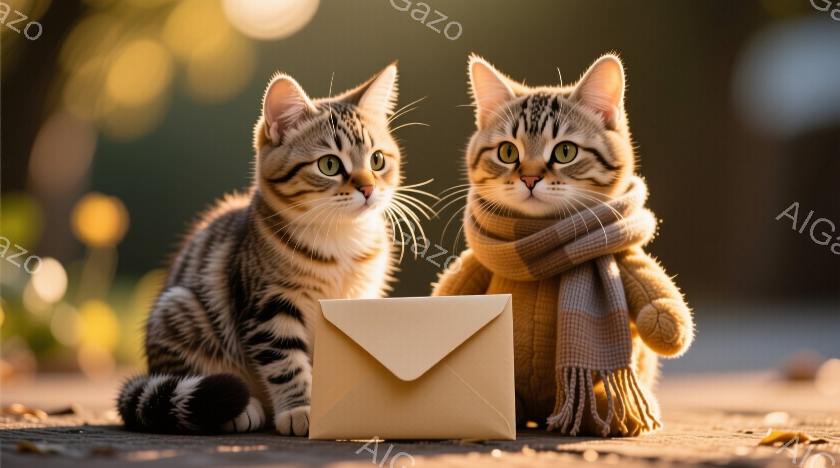 縞模様の猫二匹が、木製のデッキの上に座り、茶色の封筒の前にいます。一匹は首にオレンジ色のマフラーを巻いており、もう一匹はそうではありませんが、どちらも興味津々な表情で正面を見つめています。背景には、ぼ - AI生成フリー素材