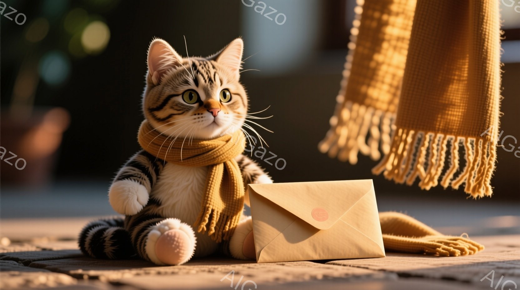 茶トラの猫が、明るいオレンジ色のマフラーを首に巻いて座っています。ピンク色の肉球が可愛らしく、優しい表情で正面を見ています。背景には木製の床とぼやけた緑があり、暖かく穏やかな雰囲気です。