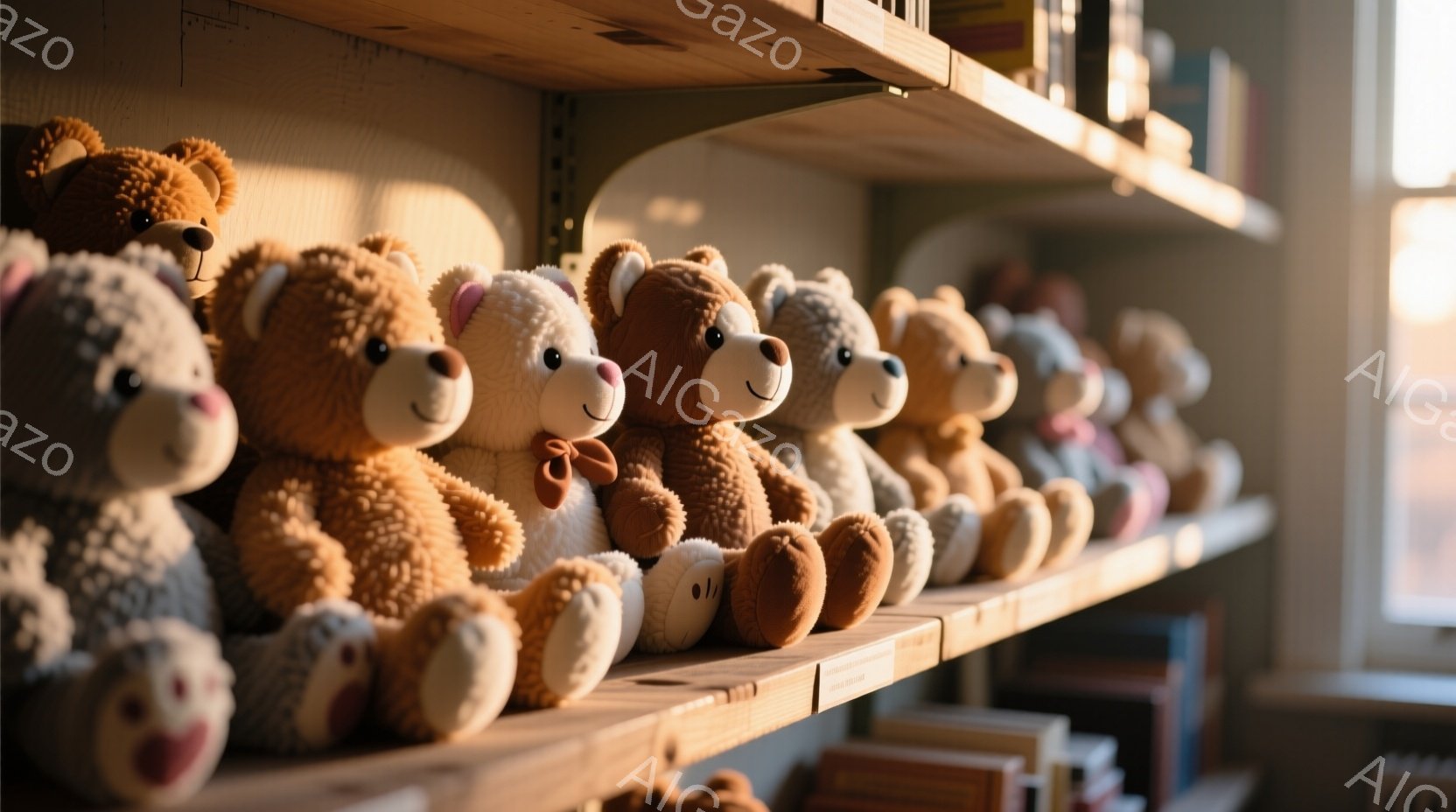 棚に様々な色のテディベアが整然と並んでいます。クマたちは皆同じように座っており、穏やかな表情をしています。背景には本棚があり、窓から差し込む光が柔らかい雰囲気を醸し出しています。 - AI生成フリー素材