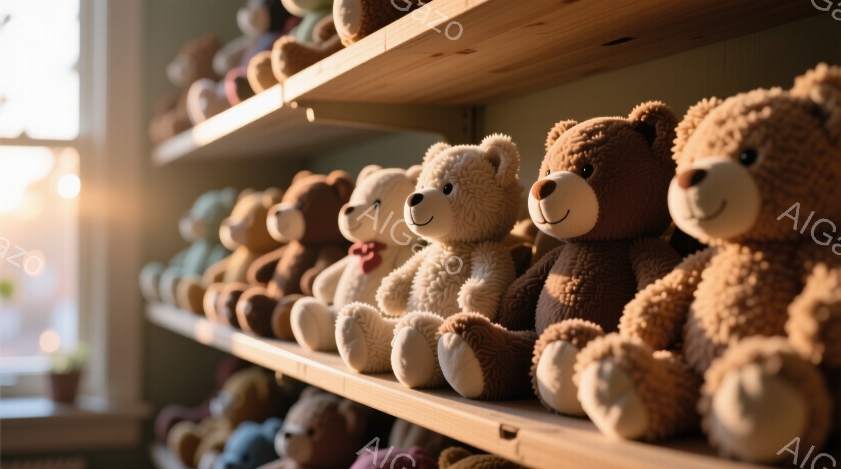 複数のテディベアが棚に並んで座っています。様々な色合いの茶色で、可愛らしい表情をしています。背景は窓からの柔らかい光が差し込み、暖かく穏やかな雰囲気を醸し出しています。