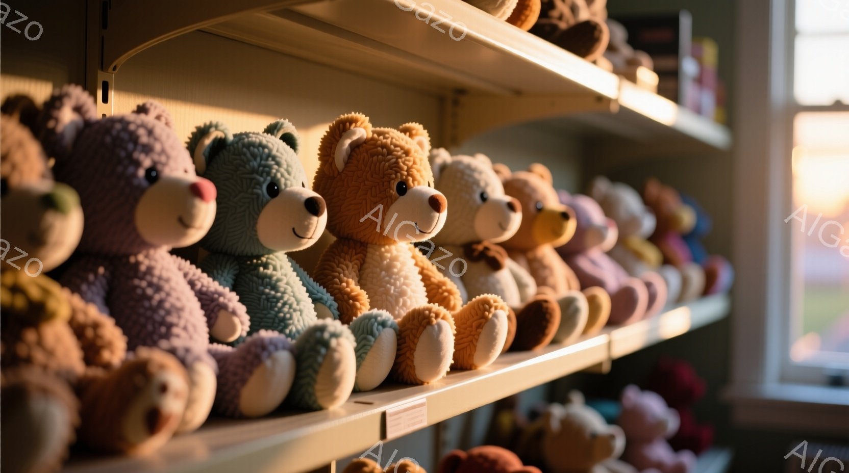棚に様々な色のテディベアが整然と並べられています。明るいオレンジ色から落ち着いた茶色、水色、薄紫など、多彩な色合いが目に付き、可愛らしい表情をしています。背景には窓が見え、柔らかい光が差し込み、温かみのある雰囲気を醸し出しています。