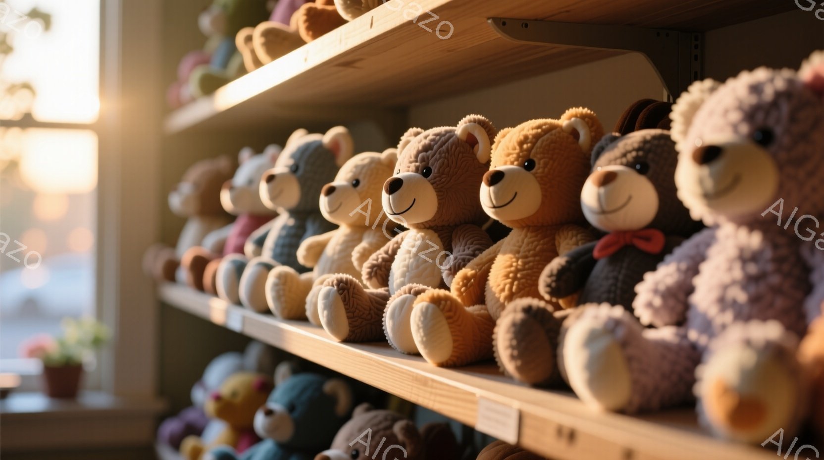 複数のテディベアが棚に並んで座っており、それぞれ異なる色合いと質感を持っています。明るい窓からの自然光が、柔らかく温かい雰囲気を生み出し、ベアたちの毛並みを照らしています。背景にはぼんやりと植物が見え - AI生成フリー素材