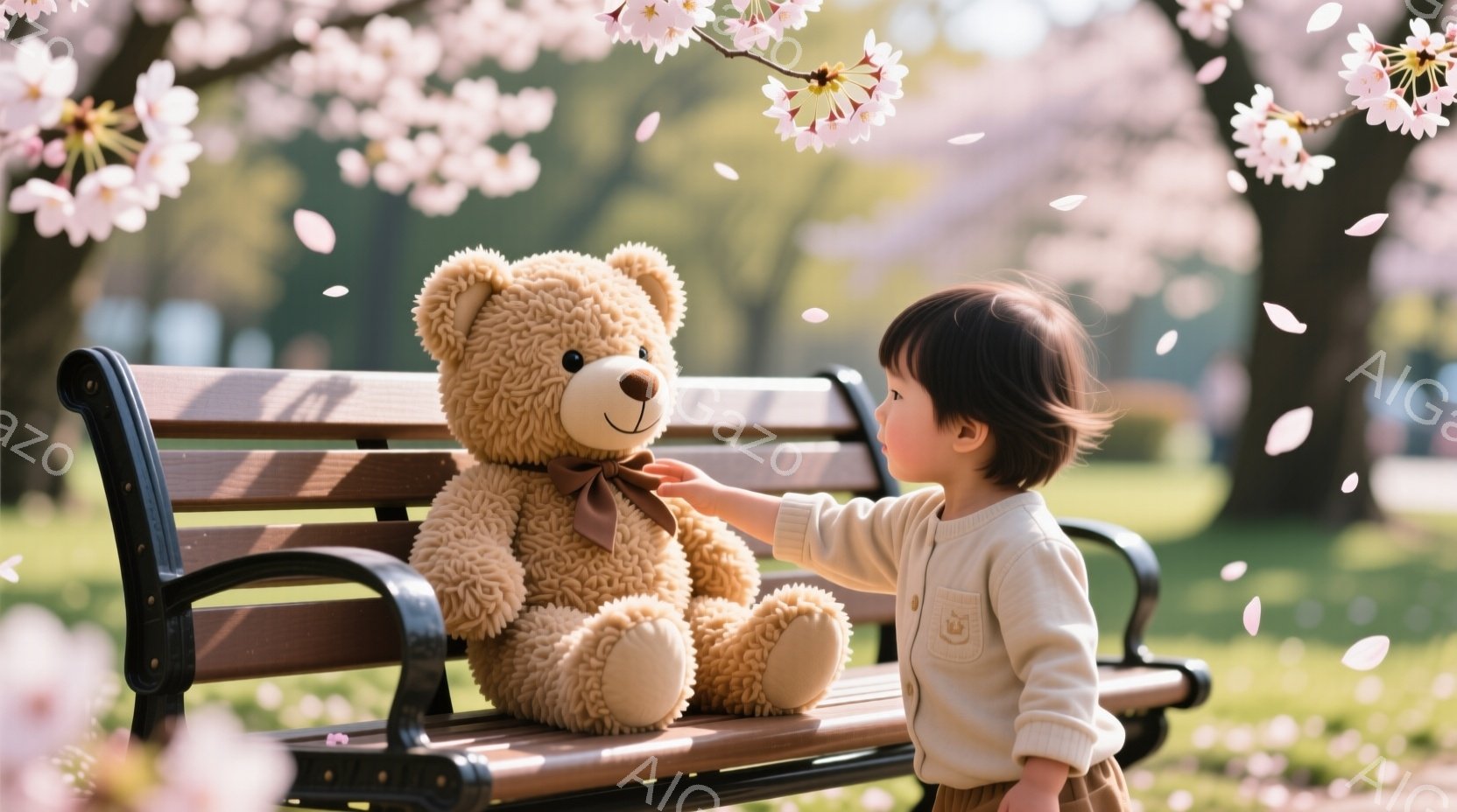 幼い子供が公園のベンチに座る大きなテディベアに手を伸ばしています。子供はクリーム色のカーディガンを着ており、短い茶色の髪が特徴的です。背景には桜の花びらが舞い、春の穏やかな雰囲気の中で、子供とテディベ - AI生成フリー素材