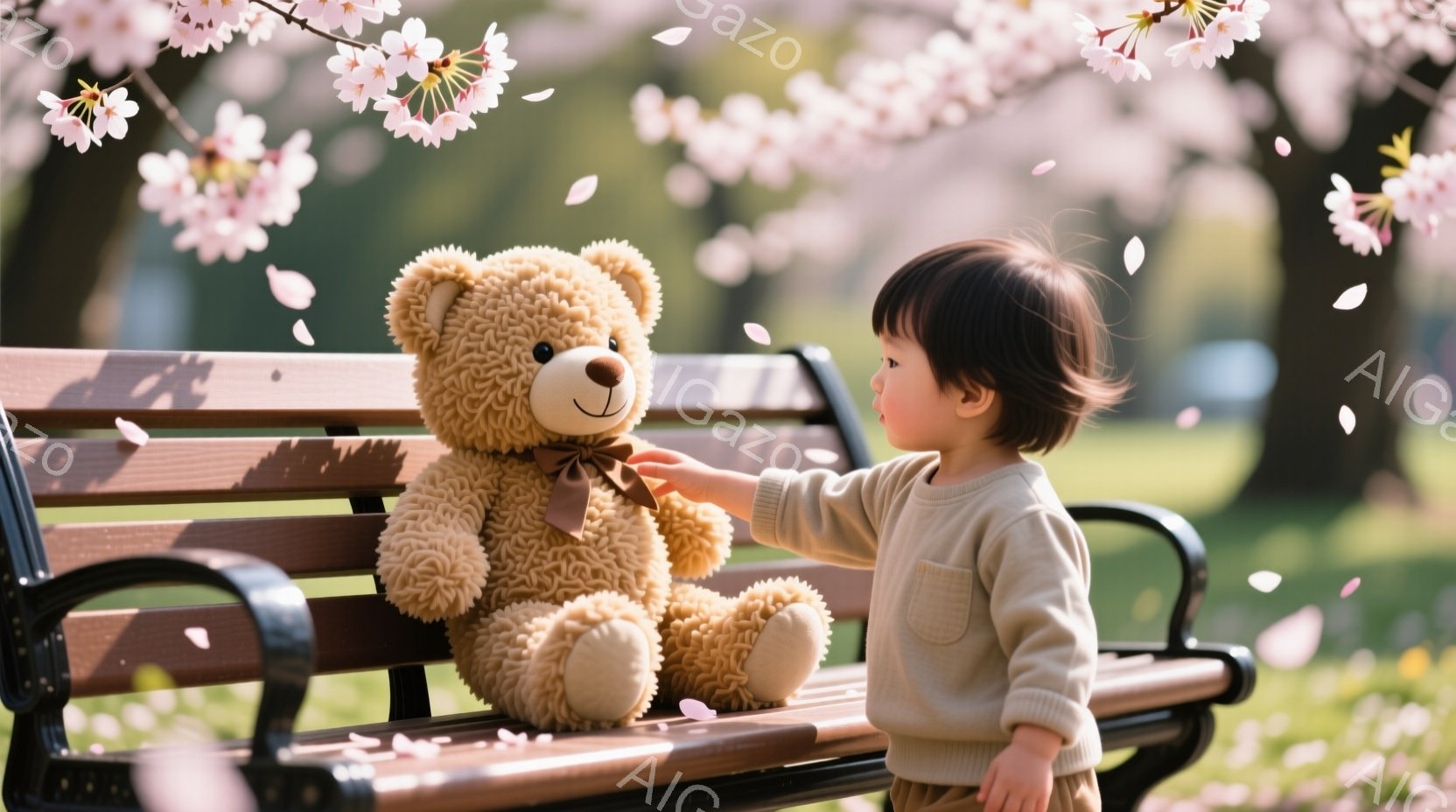 幼い女の子が公園のベンチに座り、大きなテディベアに手を伸ばしています。彼女はベージュ色のセーターとパンツを着用し、黒髪は短く切られています。背景には桜の花びらが舞い散り、春の穏やかな雰囲気が漂っていま - AI生成フリー素材