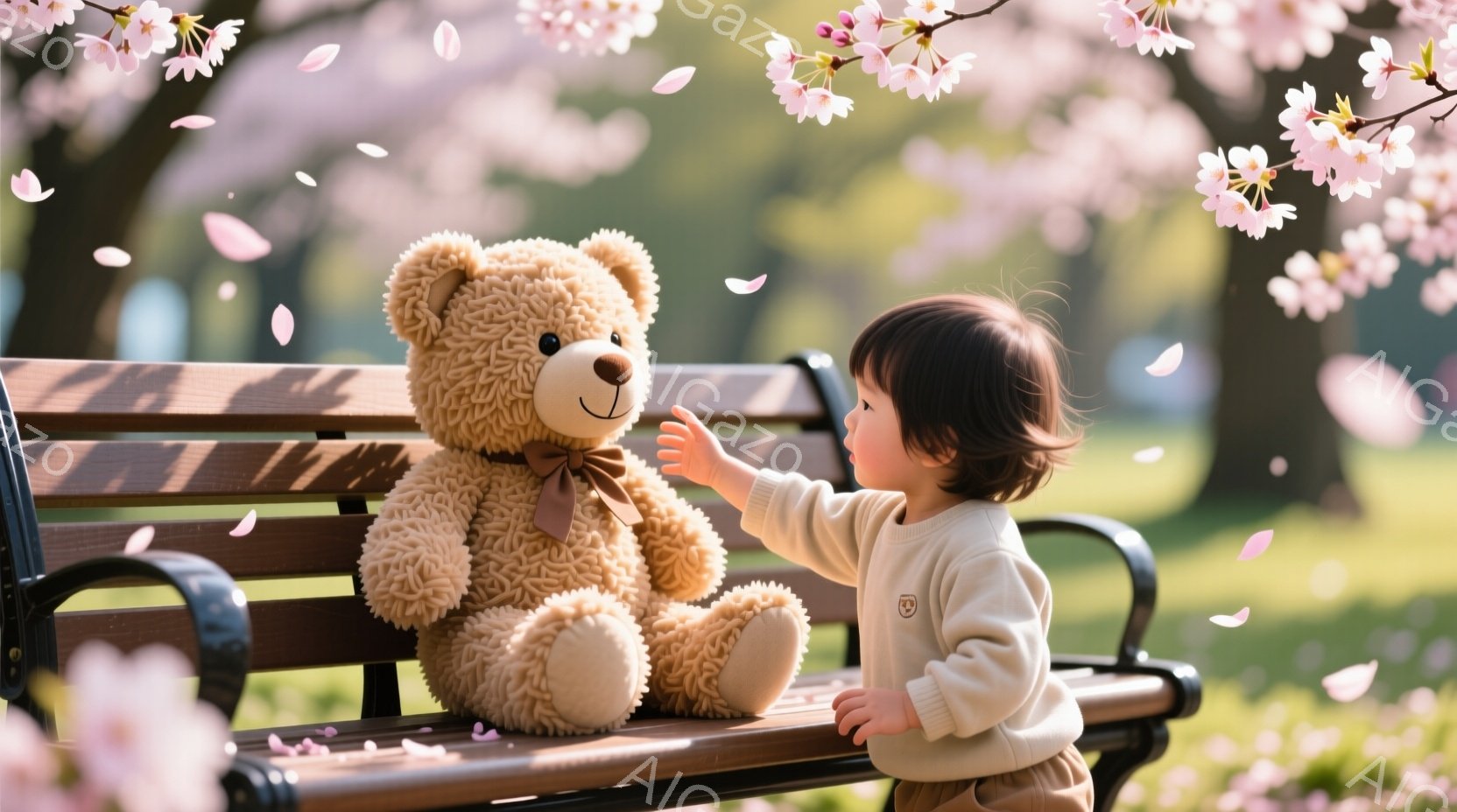幼い女の子がベンチに座る大きなテディベアに向かって手を伸ばしています。彼女はクリーム色のセーターを着ており、短い茶色の髪が可愛らしく、優しい表情をしています。背景には桜の花びらが舞い散り、春の穏やかで - AI生成フリー素材