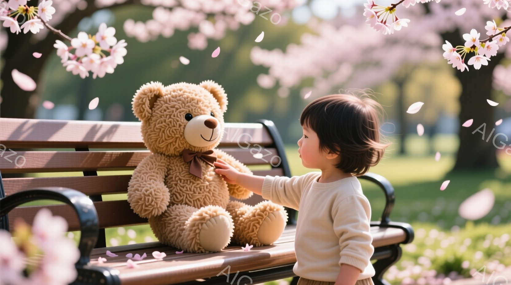 小さな女の子が、茶色のふわふわしたテディベアの赤いリボンに触れようとしています。彼女はクリーム色のセーターを着ており、短い茶色の髪は少しカールしています。背景には桜の花びらが舞い散り、ぼやけた緑の公園 - AI生成フリー素材