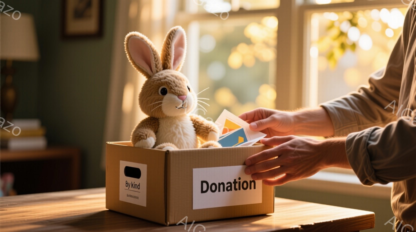 段ボール箱には「Donation」と書かれており、中にふわふわの茶色のウサギのぬいぐるみが入っています。誰かの腕が箱の中に青い三角形のオブジェクトを置き、寄付の行為を表しています。背景にはぼやけた窓があり、明るい自然光が差し込み、全体的に温かく希望に満ちた雰囲気が漂っています。